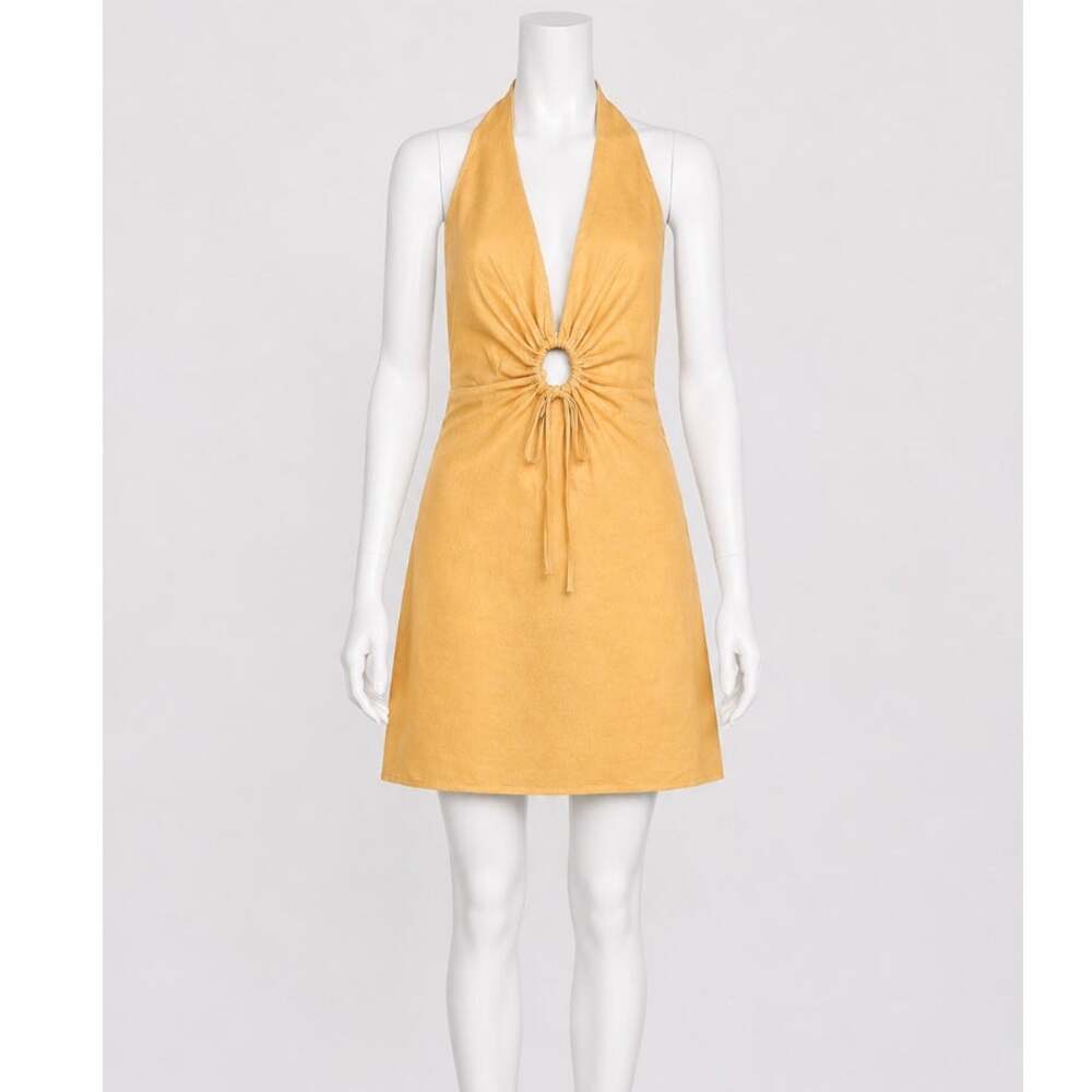 Zara Mustard Yellow Halter V-Neck Sun Dress O-Ring Cutout Front Open Back Small